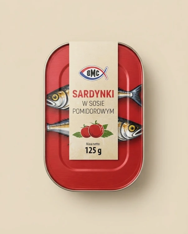 Sardynki w sosie pomidorowym 125g BMC — opakowanie na tle w kolorze produktu