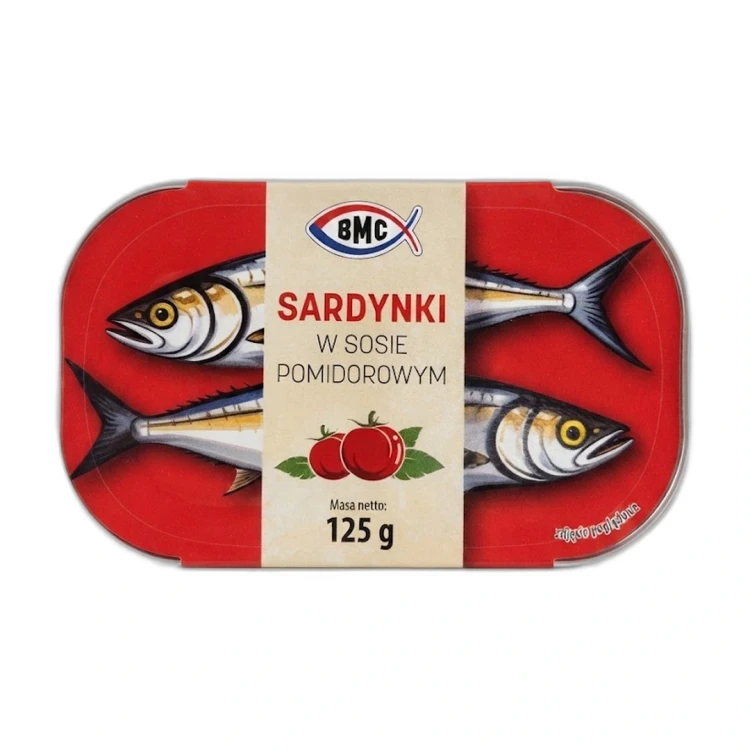 Sardynki w sosie pomidorowym 125g BMC — opakowanie na białym tle
