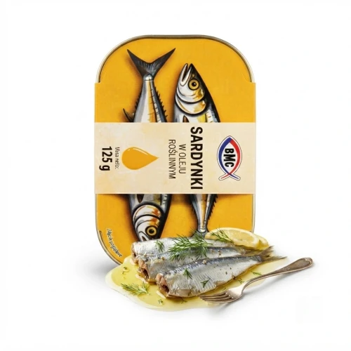 Sardynki w oleju roślinnym 125g BMC — opakowanie i zawartość produktu