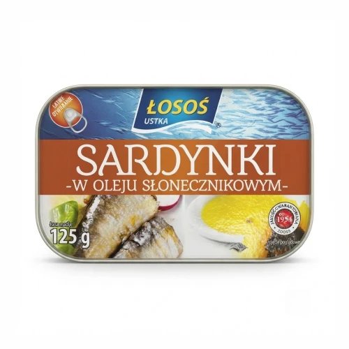 Sardynki w oleju słonecznikowym 125g Łosoś Ustka — opakowanie, zdjęcie studyjne