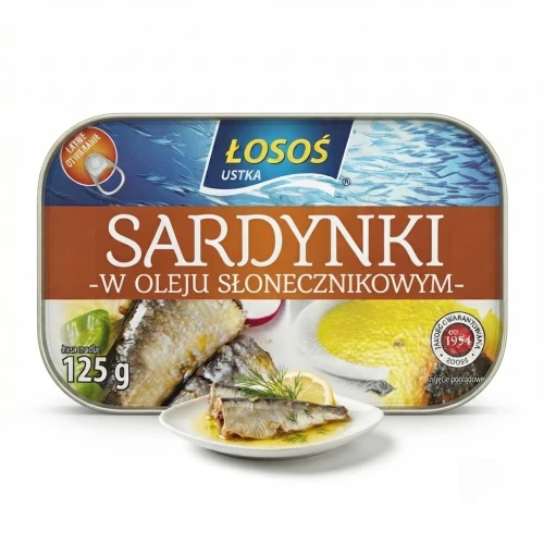 Sardynki w oleju słonecznikowym 125g Łosoś Ustka — opakowanie i zawartość produktu