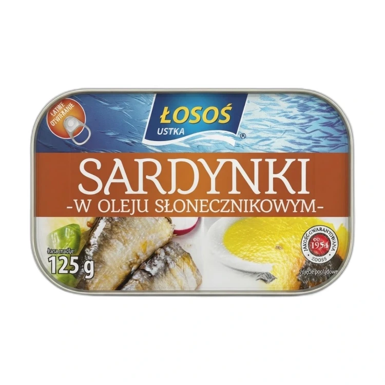 Sardynki w oleju słonecznikowym 125g Łosoś Ustka — opakowanie na białym tle