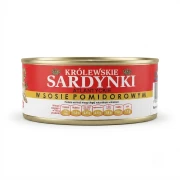Królewskie sardynki atlantyckie w sosie pomidorowym 240g — opakowanie, zdjęcie studyjne