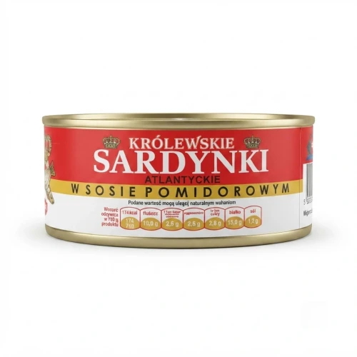 Królewskie sardynki atlantyckie w sosie pomidorowym 240g — opakowanie, zdjęcie studyjne