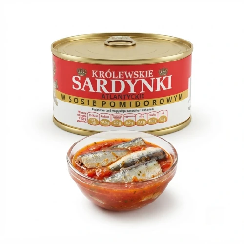 Królewskie sardynki atlantyckie w sosie pomidorowym 240g — opakowanie i zawartość produktu