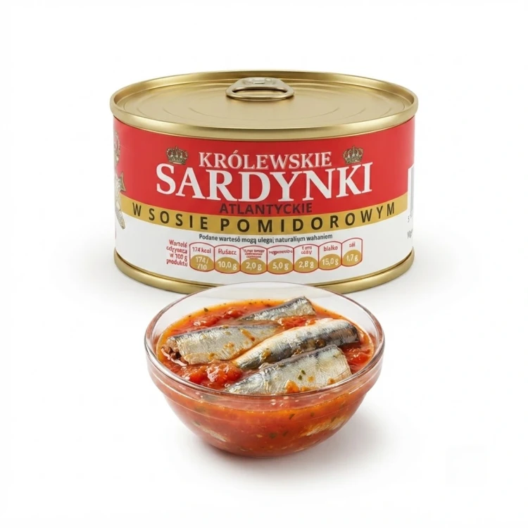 Królewskie sardynki atlantyckie w sosie pomidorowym 240g — opakowanie i zawartość produktu