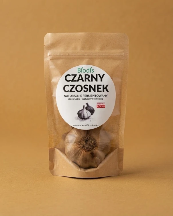 Czarny czosnek ok. 40-70 g - 1 sztuka Bíodís — opakowanie na tle w kolorze produktu