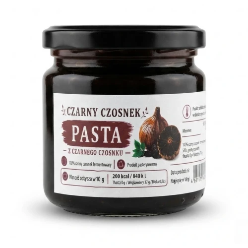 Pasta z czarnego czosnku 200 ml — opakowanie, zdjęcie studyjne