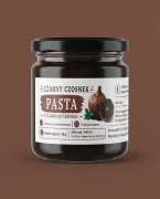 Pasta z czarnego czosnku 200 ml — opakowanie na tle w kolorze produktu