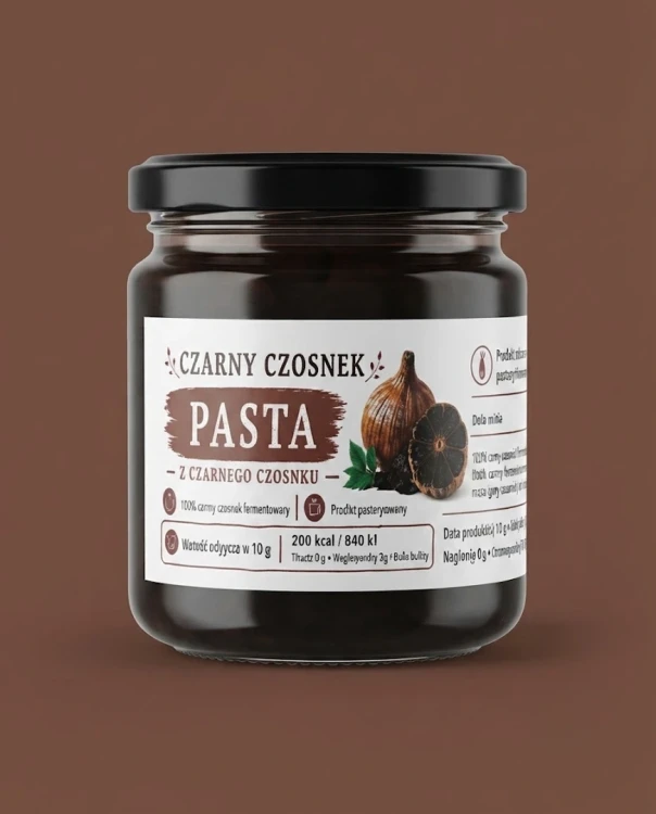 Pasta z czarnego czosnku 200 ml — opakowanie na tle w kolorze produktu