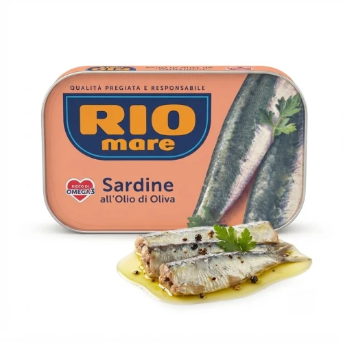Sardynki w oliwie z oliwek 120g Rio mare — opakowanie i zawartość produktu