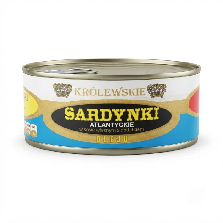 Królewskie sardynki atlantyckie w sosie własnym z dodatkiem Oleju 240g — opakowanie, zdjęcie studyjne