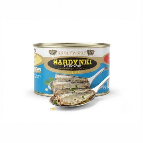 Królewskie sardynki atlantyckie w sosie własnym z dodatkiem Oleju 240g — opakowanie i zawartość produktu