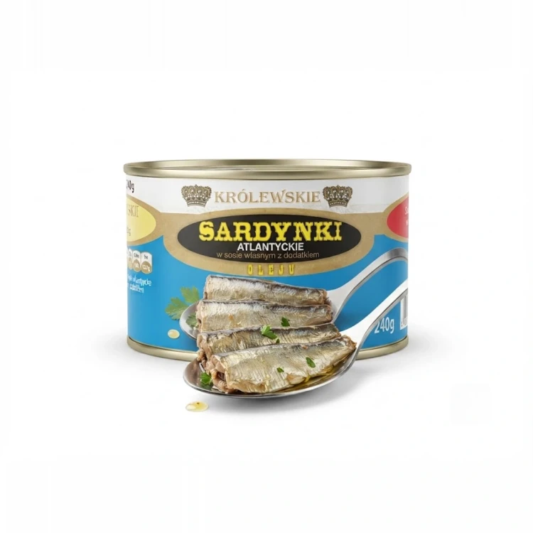 Królewskie sardynki atlantyckie w sosie własnym z dodatkiem Oleju 240g — opakowanie i zawartość produktu