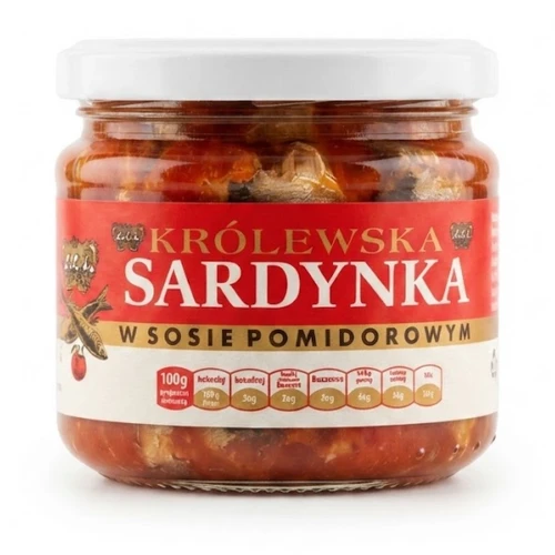Królewska sardynka w sosie pomidorowym 280 g PETROPAT — opakowanie, zdjęcie studyjne