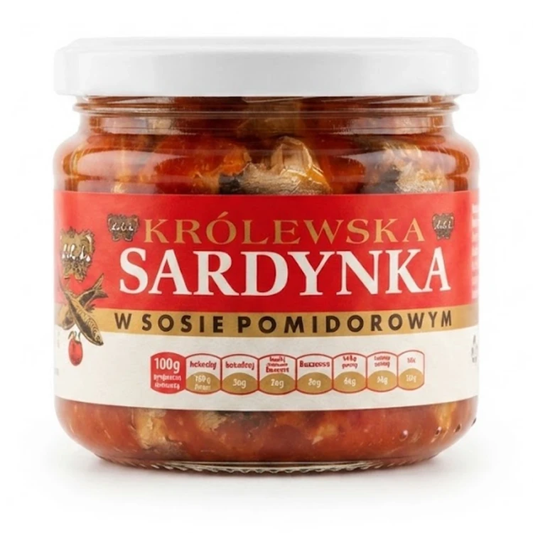 Królewska sardynka w sosie pomidorowym 280 g PETROPAT — opakowanie, zdjęcie studyjne