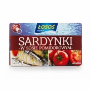 Sardynki w sosie pomidorowym 125g Łosoś Ustka — opakowanie, zdjęcie studyjne