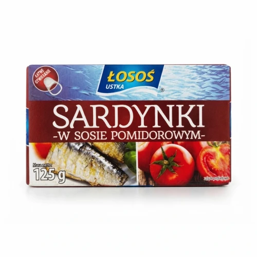Sardynki w sosie pomidorowym 125g Łosoś Ustka — opakowanie, zdjęcie studyjne