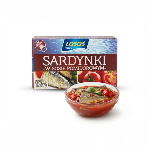 Sardynki w sosie pomidorowym 125g Łosoś Ustka — opakowanie i zawartość produktu