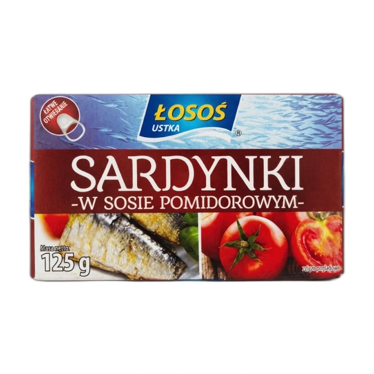 Sardynki w sosie pomidorowym 125g Łosoś Ustka — opakowanie na białym tle