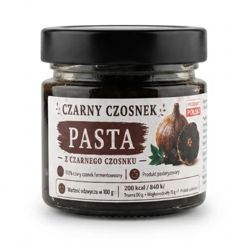 Czarny czosnek pasta 100 ml — opakowanie, zdjęcie studyjne
