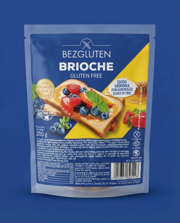 Słodki chleb brioche bezglutenowy 200 g BEZGLUTEN — opakowanie na tle w kolorze produktu