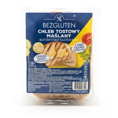 Chleb tostowy maślany bezglutenowy 320 g BEZGLUTEN — opakowanie, zdjęcie studyjne