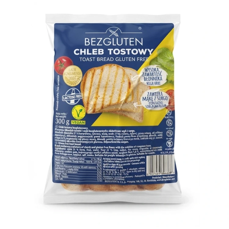 Chleb tostowy bezglutenowy 300 g BEZGLUTEN — opakowanie, zdjęcie studyjne