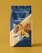 Ekstra uniwersalna mieszanka bezglutenowa 1 kg BEZGLUTEN — opakowanie na tle w kolorze produktu