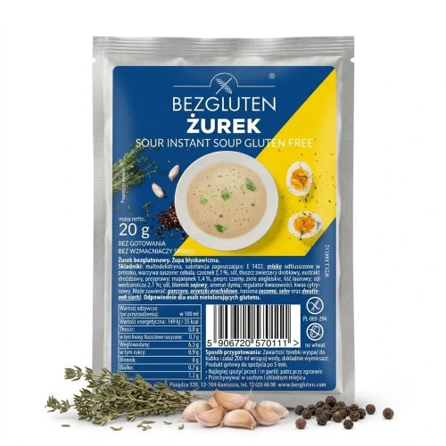 Żurek bezglutenowy. Zupa błyskawiczna. 20 g BEZGLUTEN — opakowanie i zawartość produktu