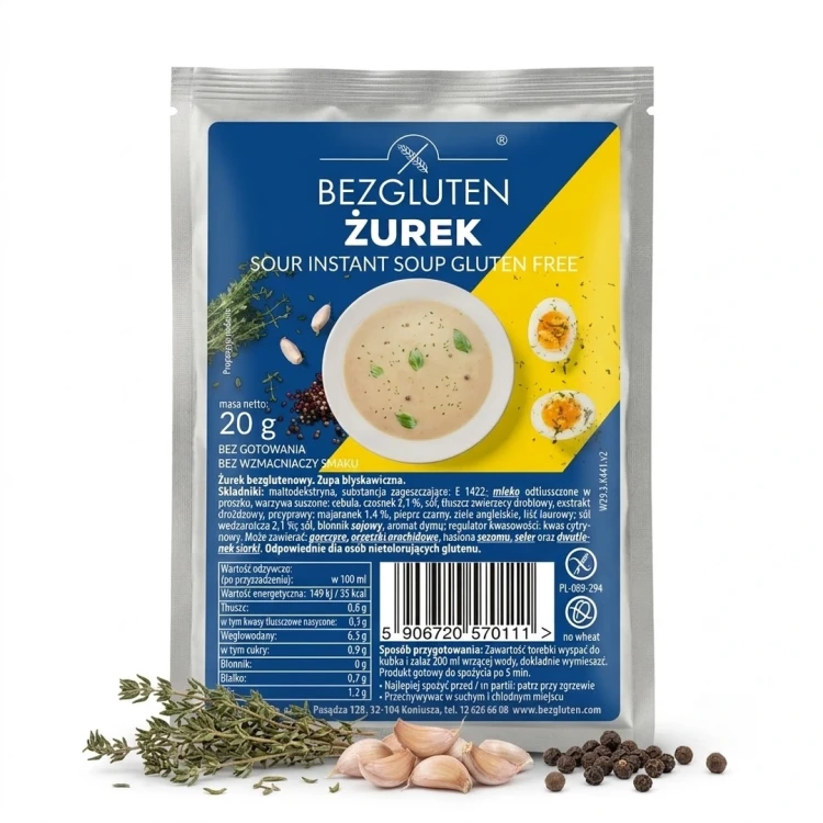 Żurek bezglutenowy. Zupa błyskawiczna. 20 g BEZGLUTEN — opakowanie i zawartość produktu