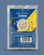 Żurek bezglutenowy. Zupa błyskawiczna. 20 g BEZGLUTEN — opakowanie na tle w kolorze produktu