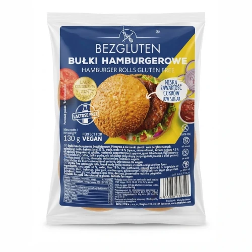 Bułki hamburgerowe bezglutenowe 130 g BEZGLUTEN — opakowanie, zdjęcie studyjne