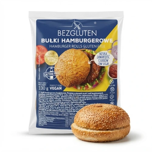 Bułki hamburgerowe bezglutenowe 130 g BEZGLUTEN — opakowanie i zawartość produktu