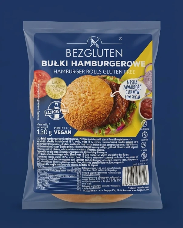 Bułki hamburgerowe bezglutenowe 130 g BEZGLUTEN — opakowanie na tle w kolorze produktu