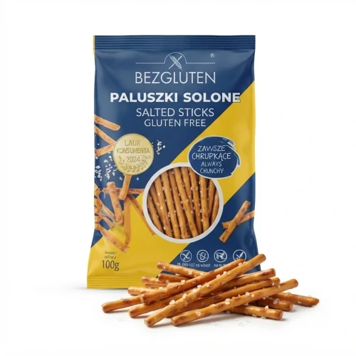 Paluszki solone bezglutenowe 100 g BEZGLUTEN — opakowanie i zawartość produktu