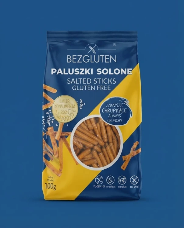Paluszki solone bezglutenowe 100 g BEZGLUTEN — opakowanie na tle w kolorze produktu