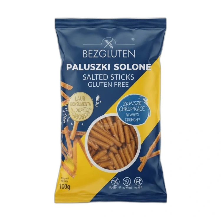 Paluszki solone bezglutenowe 100 g BEZGLUTEN — opakowanie na białym tle