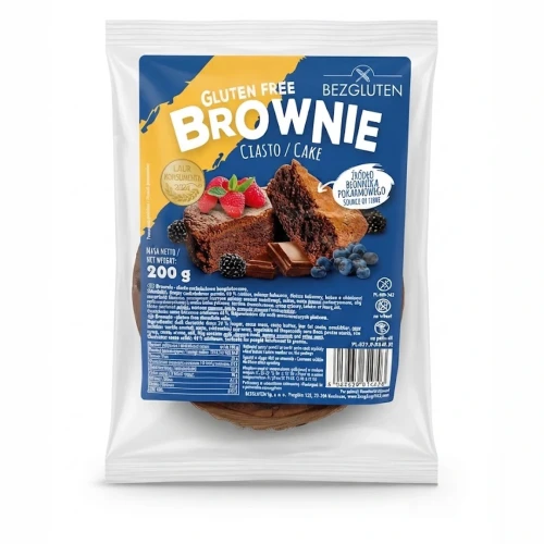 Brownie - ciasto czekoladowe bezglutenowe 200 g BEZGLUTEN — opakowanie, zdjęcie studyjne