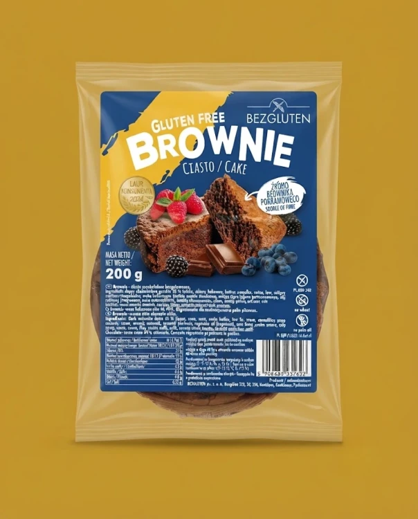 Brownie - ciasto czekoladowe bezglutenowe 200 g BEZGLUTEN — opakowanie na tle w kolorze produktu