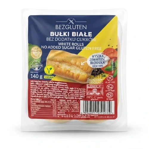 Bułki białe bez dodatku cukrów bezglutenowe 140 g BEZGLUTEN — opakowanie, zdjęcie studyjne