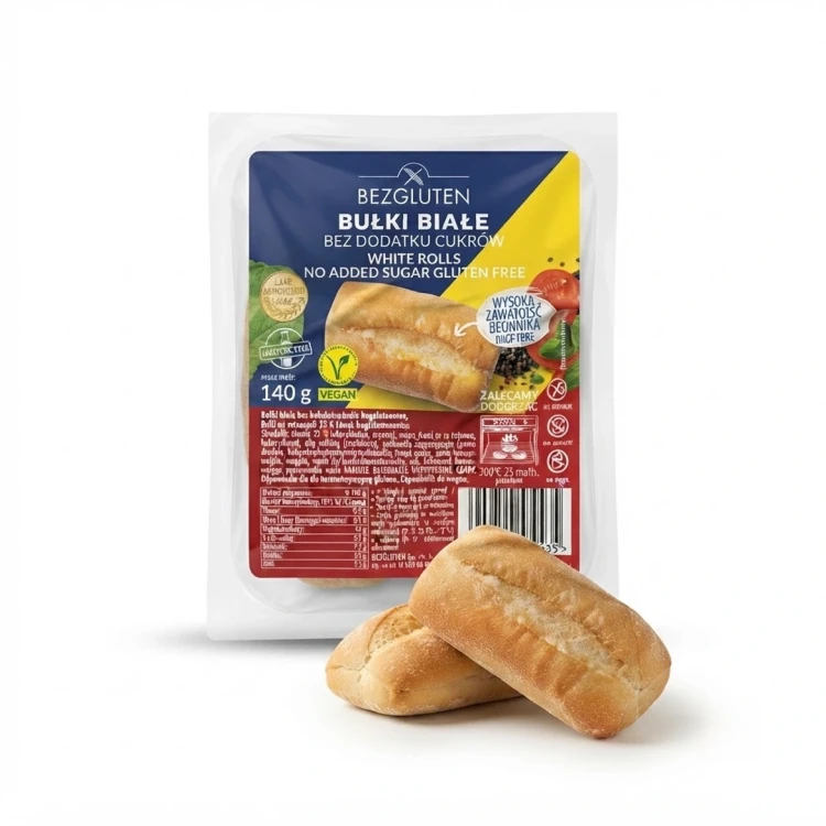 Bułki białe bez dodatku cukrów bezglutenowe 140 g BEZGLUTEN — opakowanie i zawartość produktu