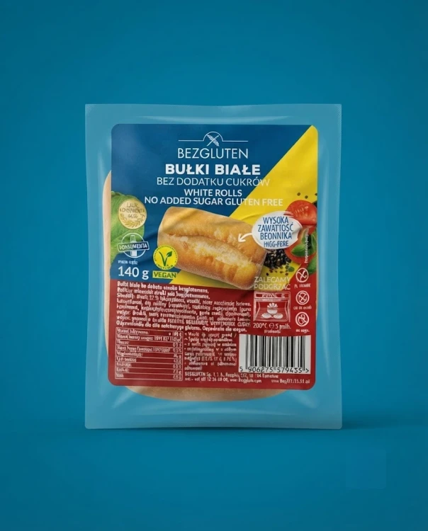 Bułki białe bez dodatku cukrów bezglutenowe 140 g BEZGLUTEN — opakowanie na tle w kolorze produktu