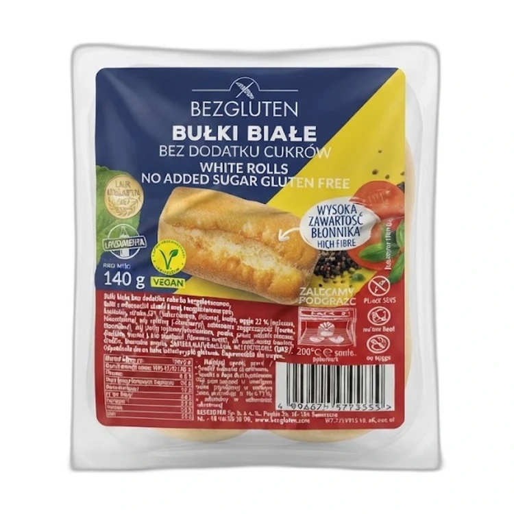 Bułki białe bez dodatku cukrów bezglutenowe 140 g BEZGLUTEN — opakowanie na białym tle