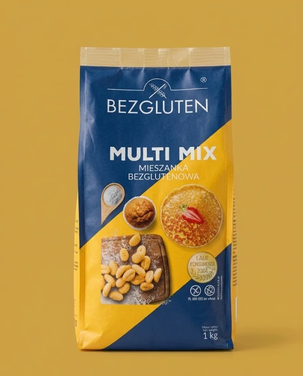 Multi Mix - mieszanka bezglutenowa do ogólnego zastosowania 1 kg BEZGLUTEN — opakowanie na tle w kolorze produktu