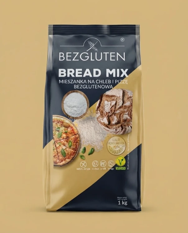 mieszanka na chleb i pizzę bezglutenowa 1 kg BEZGLUTEN — opakowanie na tle w kolorze produktu