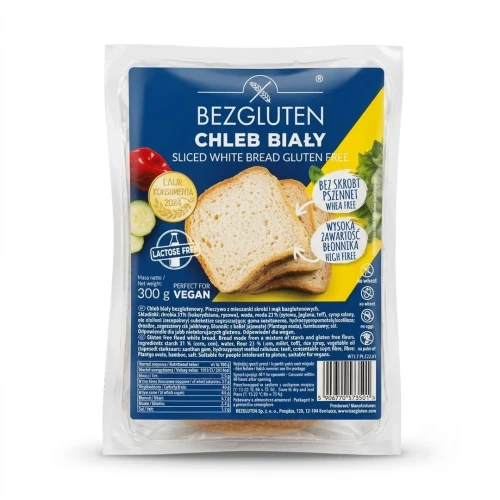 Chleb biały 300g BEZGLUTEN — opakowanie, zdjęcie studyjne