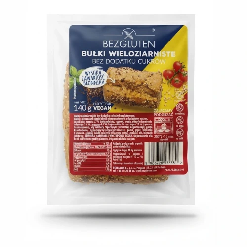 Bułki wieloziarniste 140 g BEZGLUTEN — opakowanie, zdjęcie studyjne