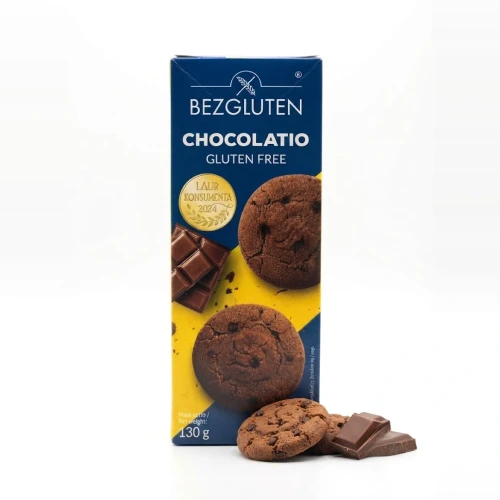 Chocolatio - czekoladowe ciastka bezglutenowe 130 g CHOCOLATIO — opakowanie i zawartość produktu