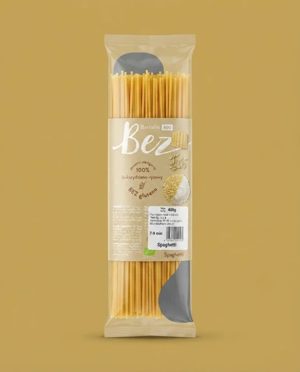 Spaghetti 400g Bartolini — opakowanie na tle w kolorze produktu